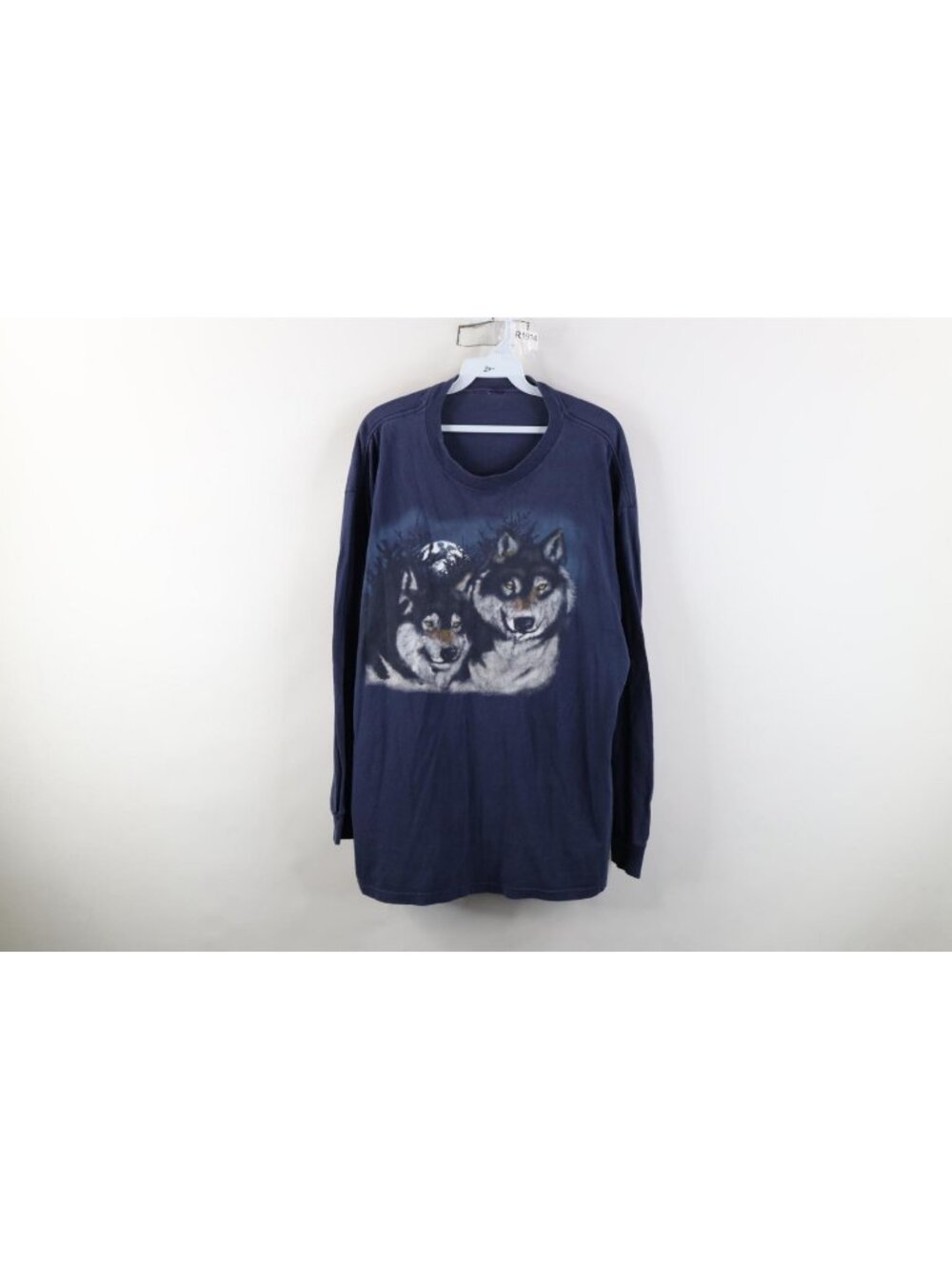 Vintage 90s Streetwear Mens XL Faded Nature Wolf Moon Long Sleeve T-Shirt Blue